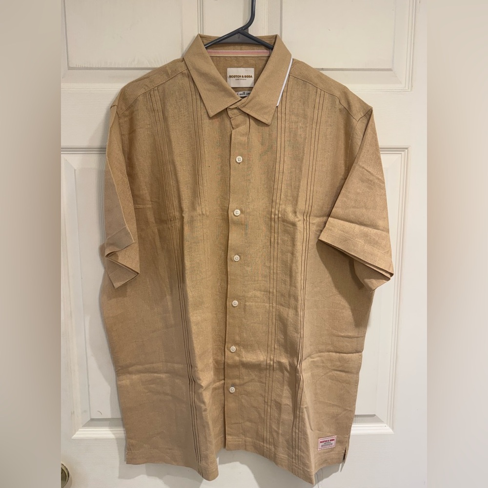 Scotch & Soda Men's Short Sleeve Woven Linen/Viscose Shirt Tan Size XL NWT